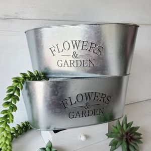 Set of 2 Galvanized Tin Planter Tubs Double Sided
